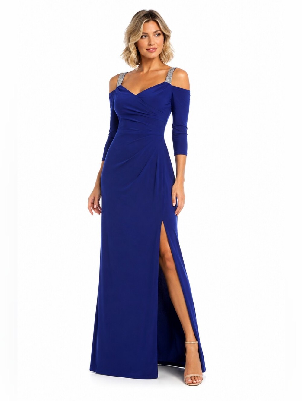 R&M Richards Royal Blue Off-Shoulder Maxi Gown with Embellished Straps